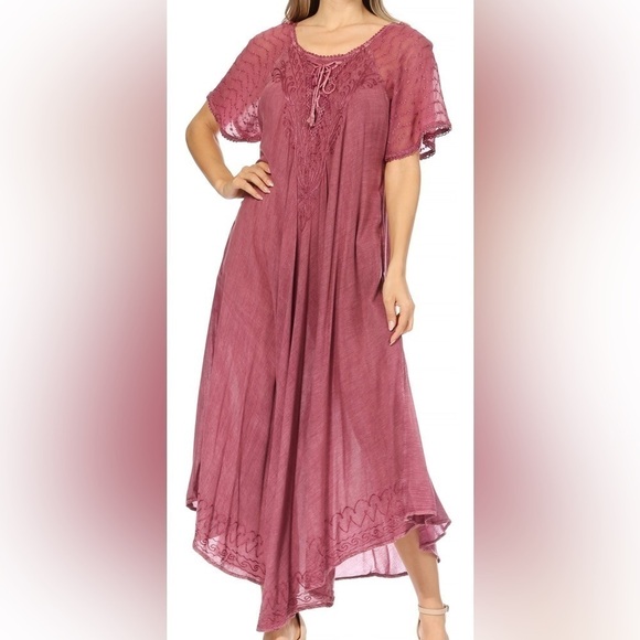 Sakkas Egan Magenta Long Embroidered Caftan Dress Embroidered Sleeves One Size - Picture 1 of 16